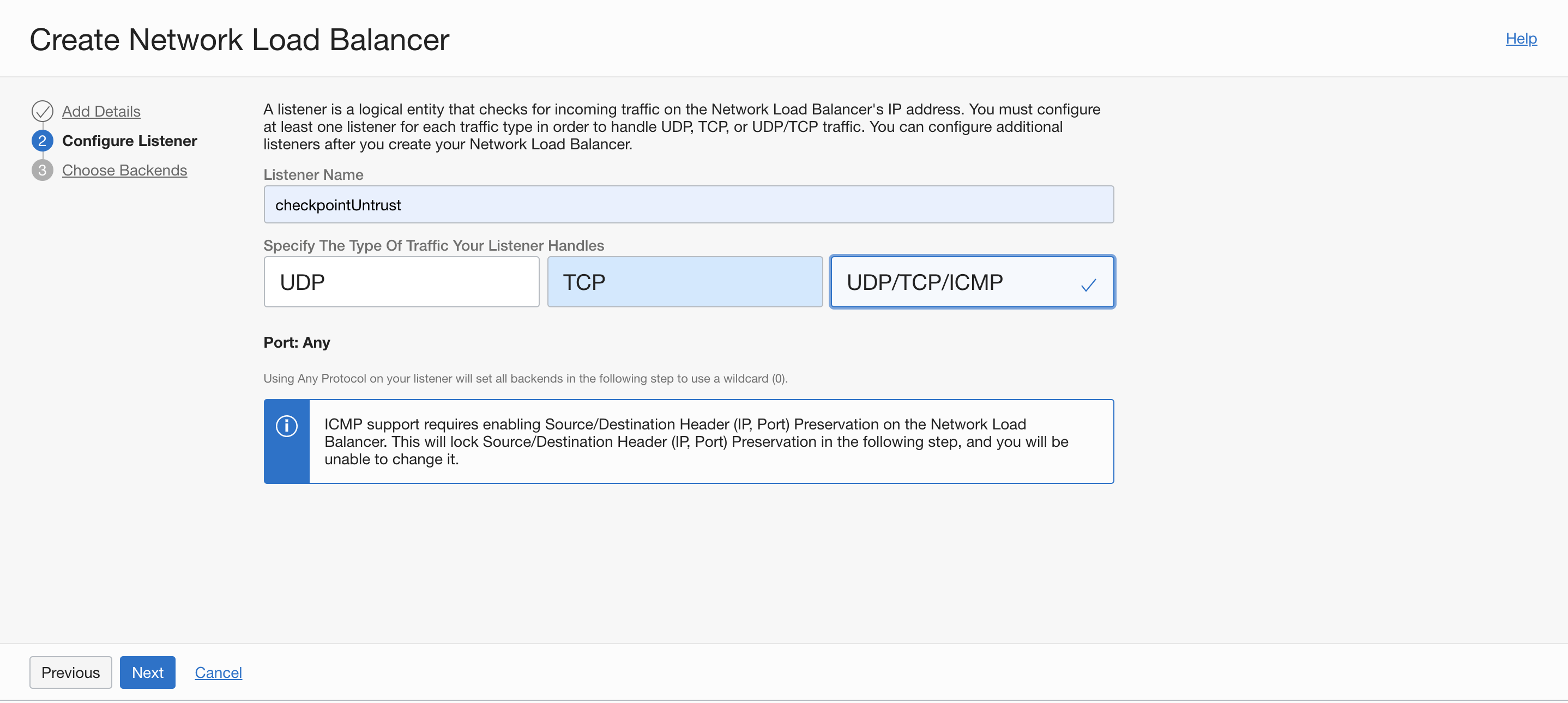 A screenshot of the Configure Listener tab on the Create Network Load Balancer screen in the Console.