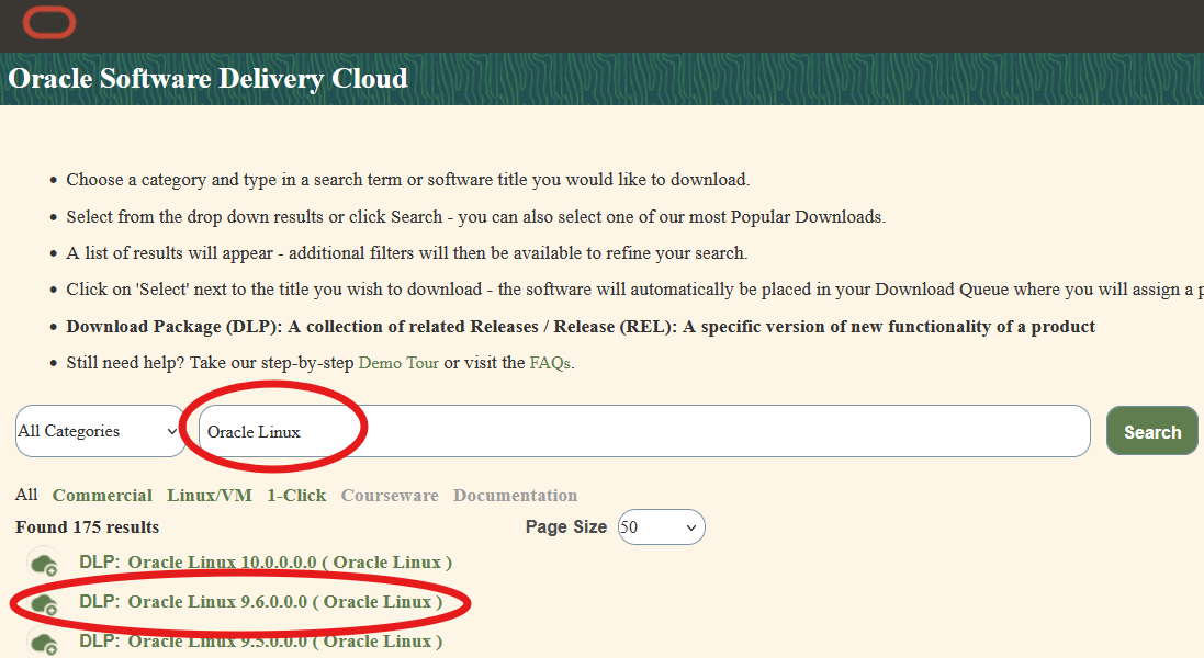 Oracle Software Delivery Cloud website. Search for Oracle Linux.