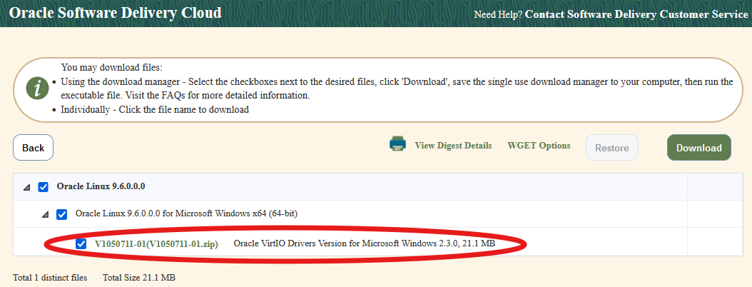 Oracle Software Delivery Cloud website. Select package for dowload.