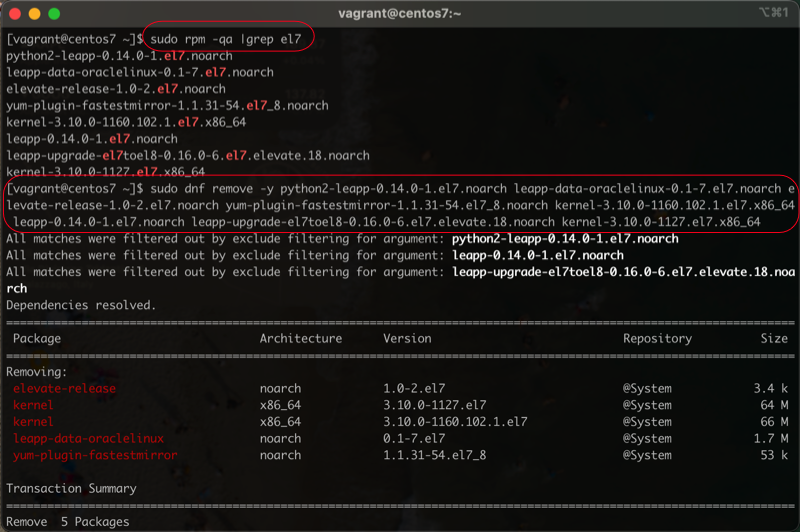 Check CentOS 7 packages presence to remove them