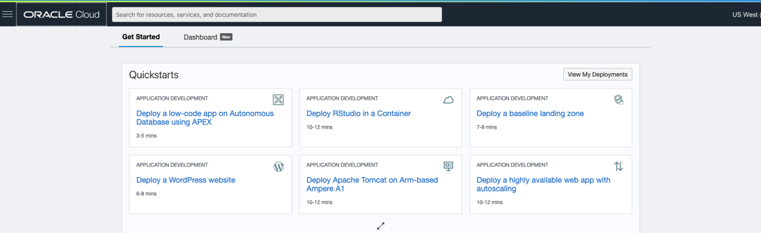 Figure 1: Oracle Cloud Console homepage, showing the baseline sandbox landing zone Quick Start