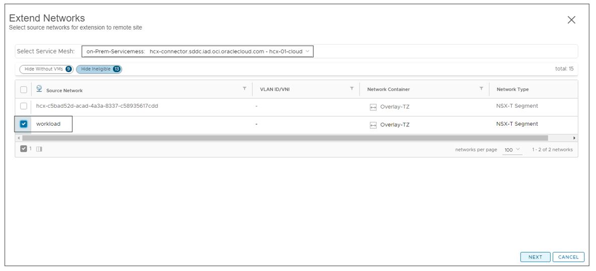 A screenshot of the Extend Networks screen with a vLAN selected to extend and the Next button highlighted in blue.