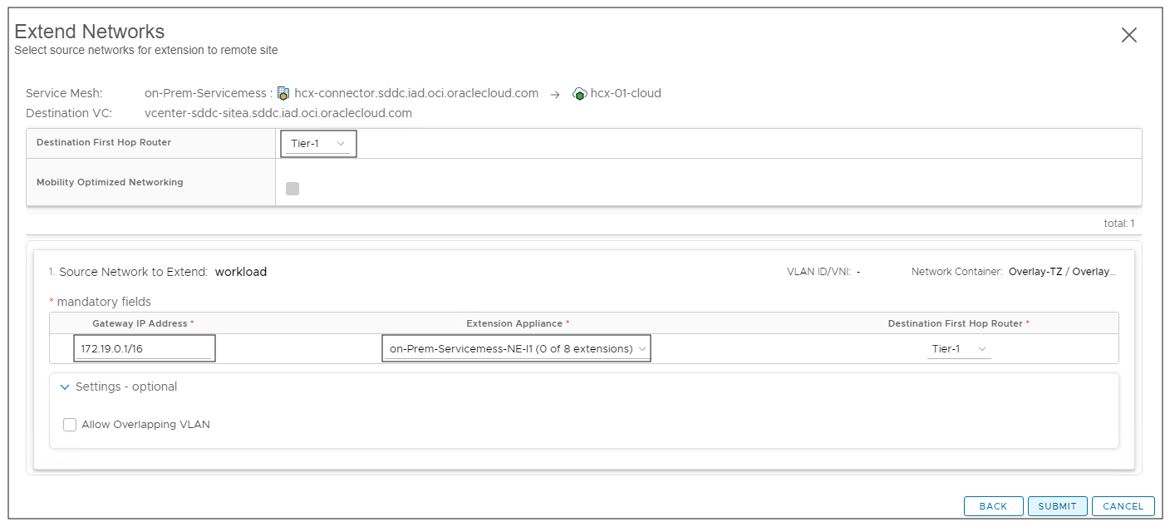A screenshot of the Extend Networks screen with the source network to extend chosen and the Submit button highlighted in blue.