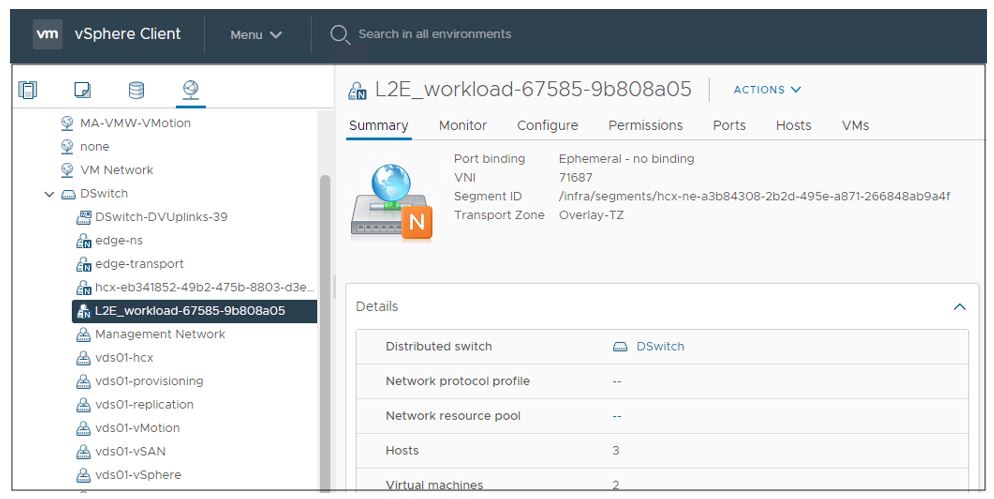 A screenshot of the completed network extension in the VMware Solution vSphere Client.