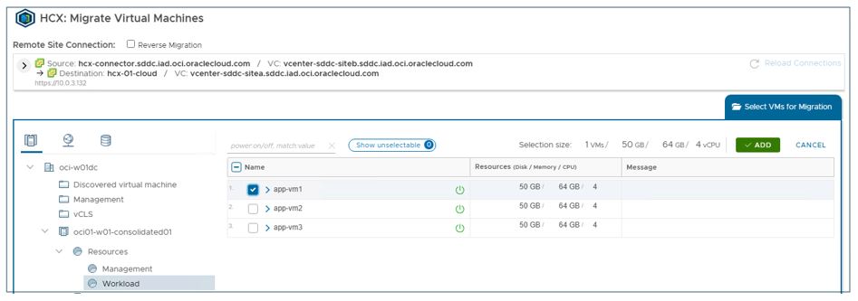 A screenshot of the HCX: Migrate Virtual Machines page.