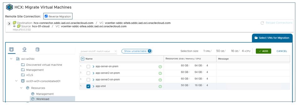 A screenshot of the HCX: Migration Virtual Machines page with the Reverse Migration box selected and outlined.