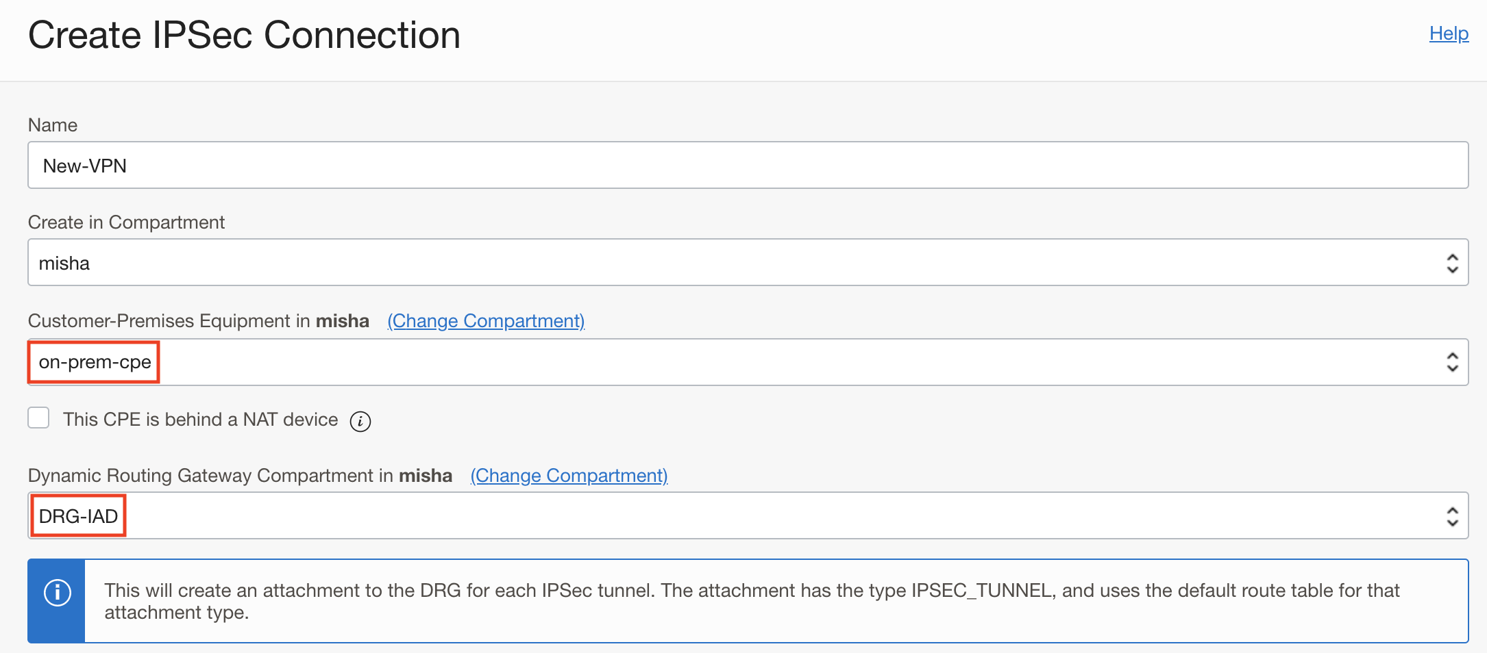 A screenshot of the Create a new IPsec Connection screen with the compartments outlined in red.