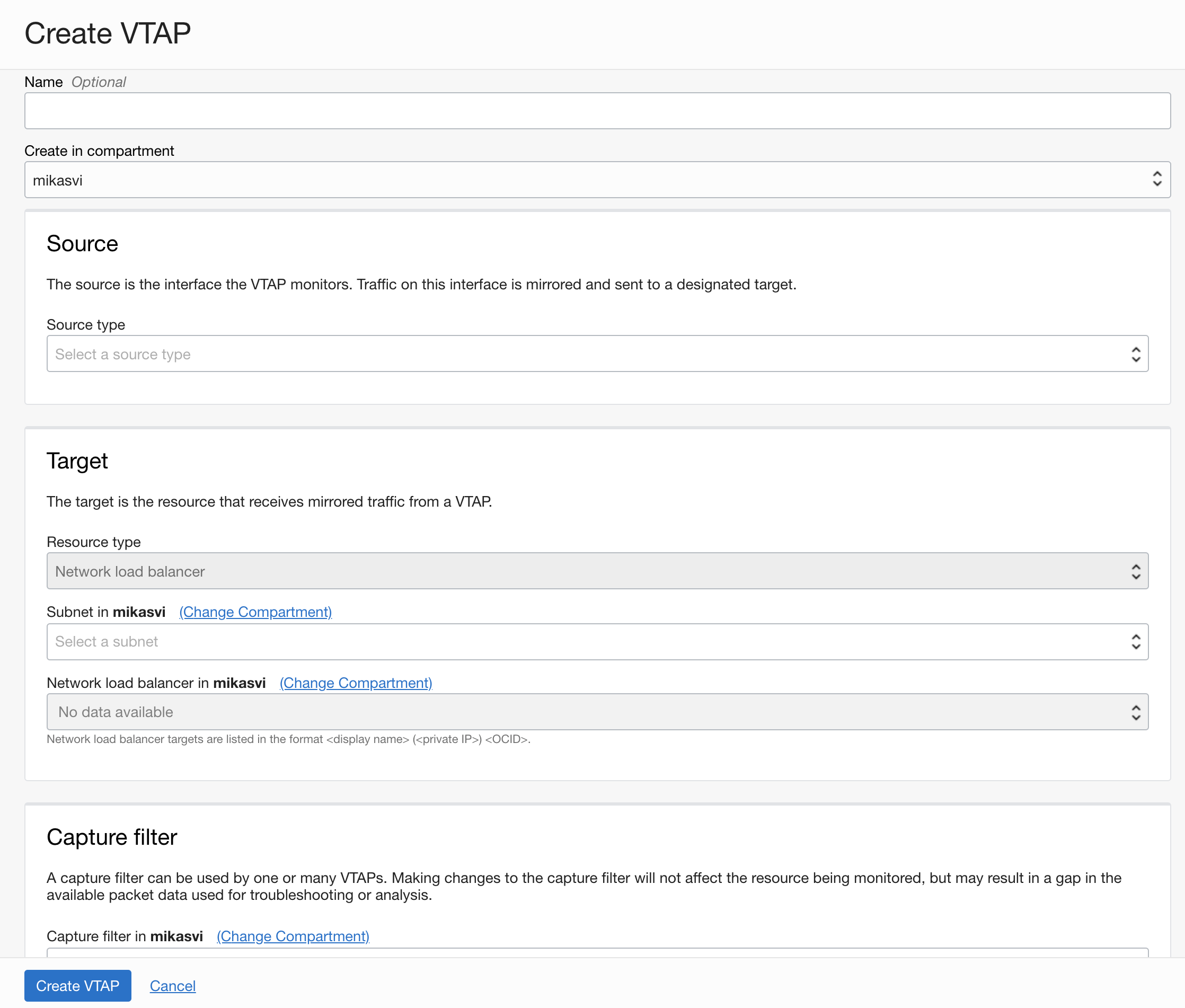 「Create VTAP」ページのスクリーンショット