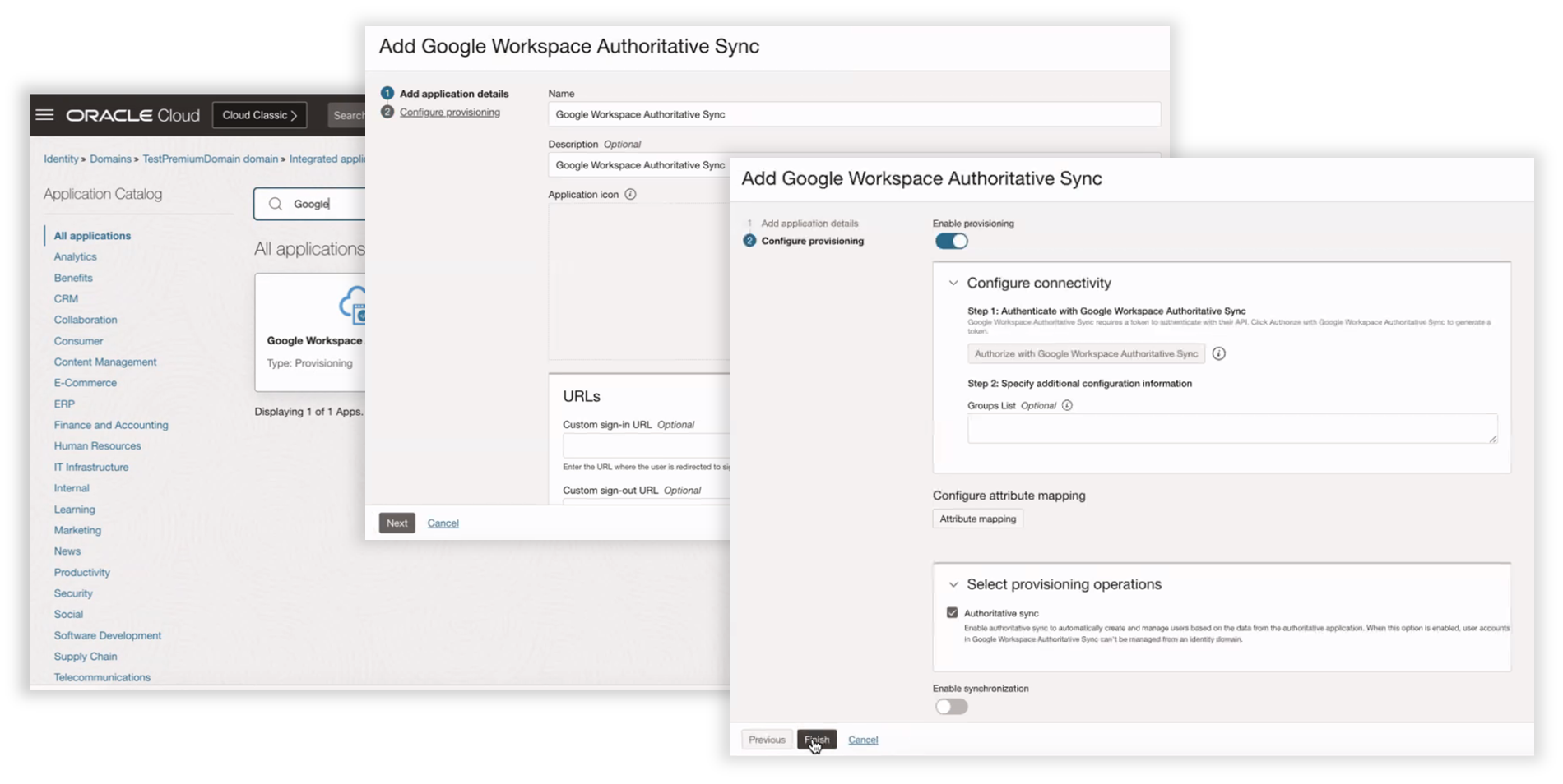 A screenshot of three windows showing the steps for adding Google Workspace Authoritative Sync.