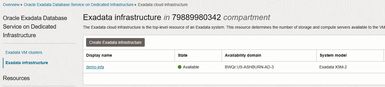 Create Exadata Infrastructure completed