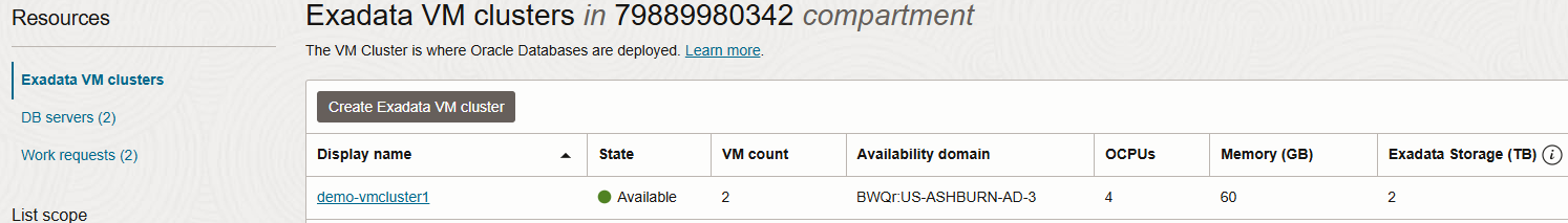 Create VM Cluster available