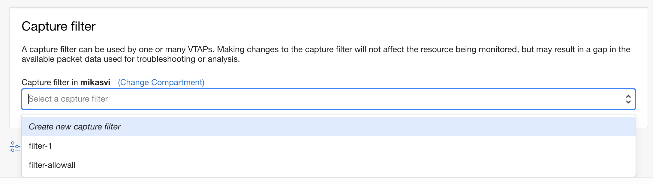 メニューが展開された「Capture Filter」セクションのスクリーンショット