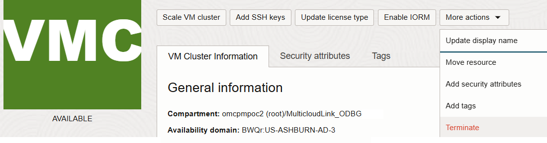 Terminate Exadata VM Cluster