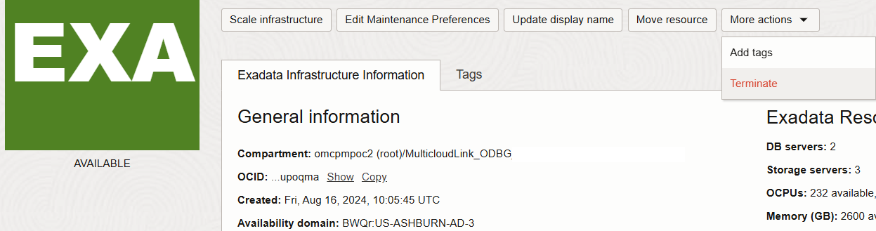Terminate Exadata Infrastructure