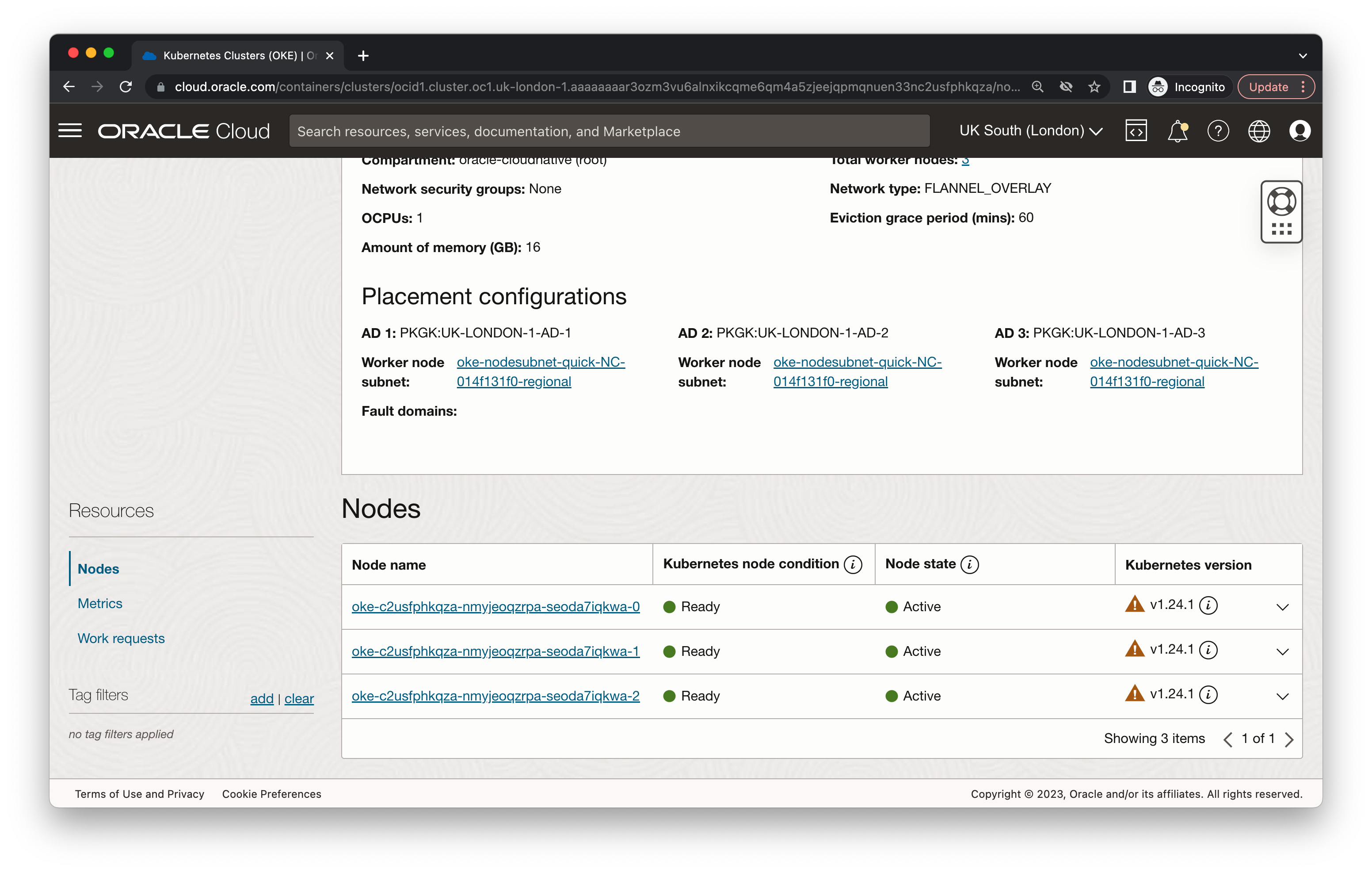 A screenshot of the Node pool details page showing the available nodes and their version number.