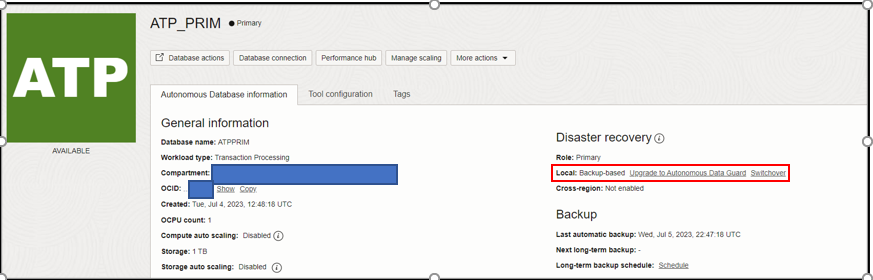 A screenshot of the Autonomous Database Details page showing the information tab with the local backup-based disaster recovery option outlined in red.