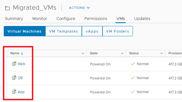 A screenshot of the Migrated VMs page with the names outlined in red.