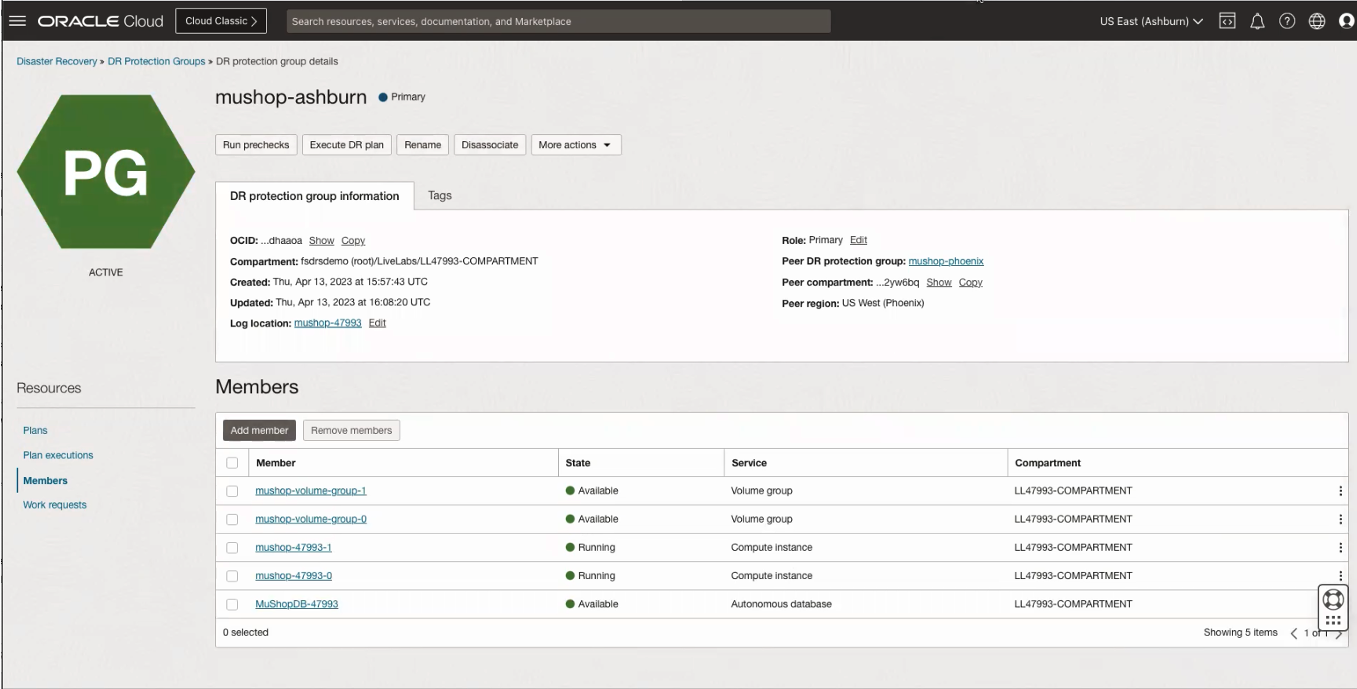 A screenshot of the Disaster Recovery Protection Group Details page in the Console, showing the members of the group in the primary region.