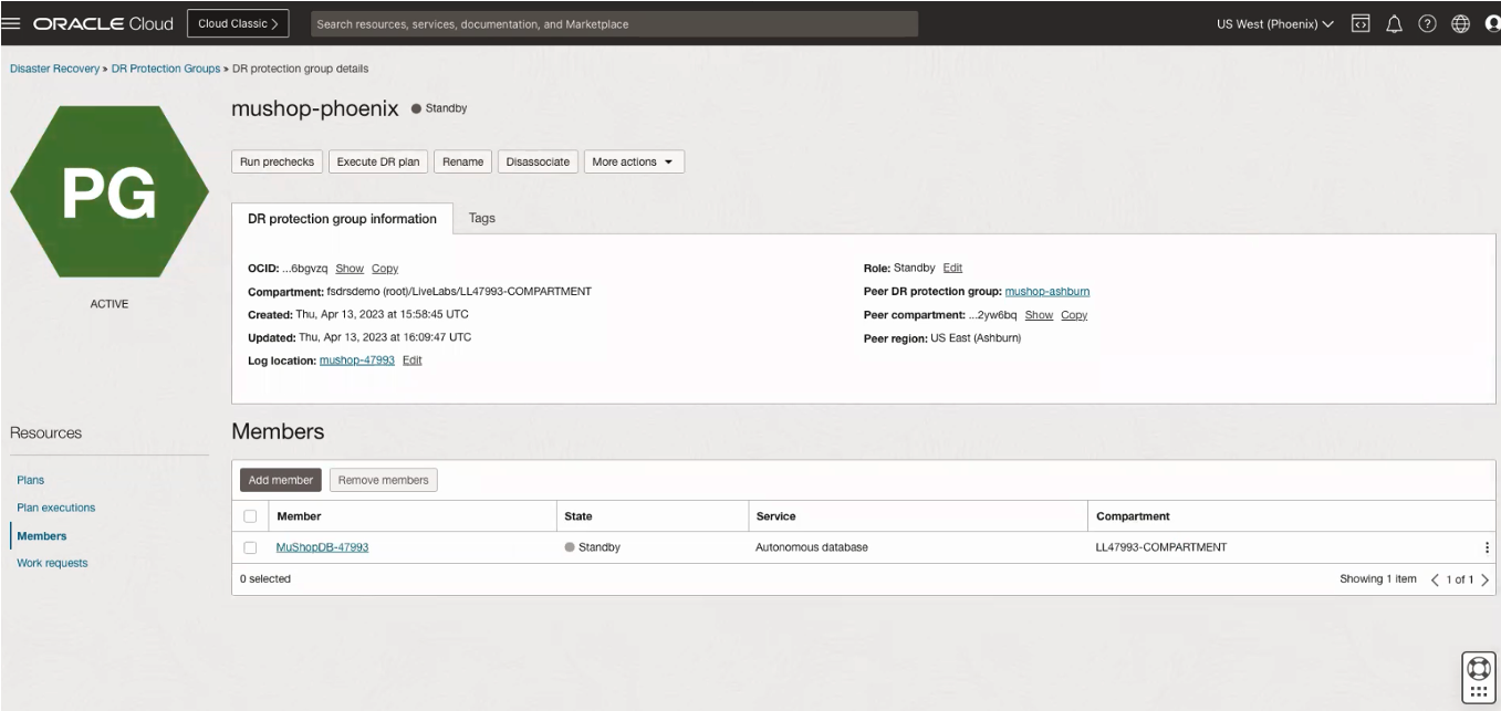 A screenshot of the Disaster Recovery Protection Group Details page, showing the members of the group in the secondary region.