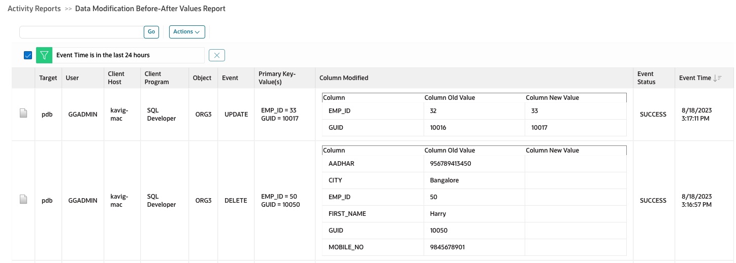 A screenshot of the before and after values