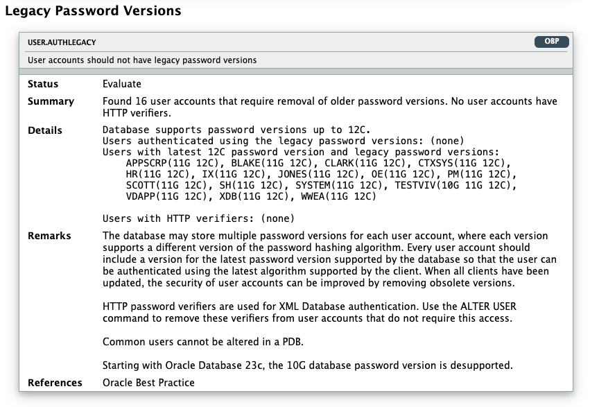 A screenshot of the results for legacy password versions in DSAT.