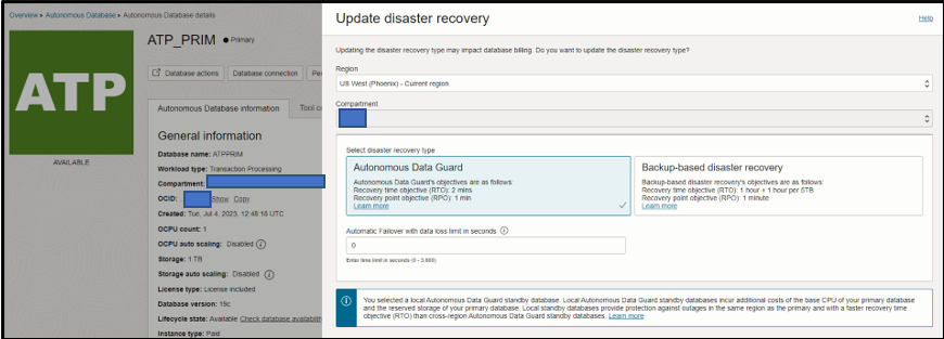 A screenshot of the Update Disaster Recovery window with the option for Autonomous Data Guard highlighted.