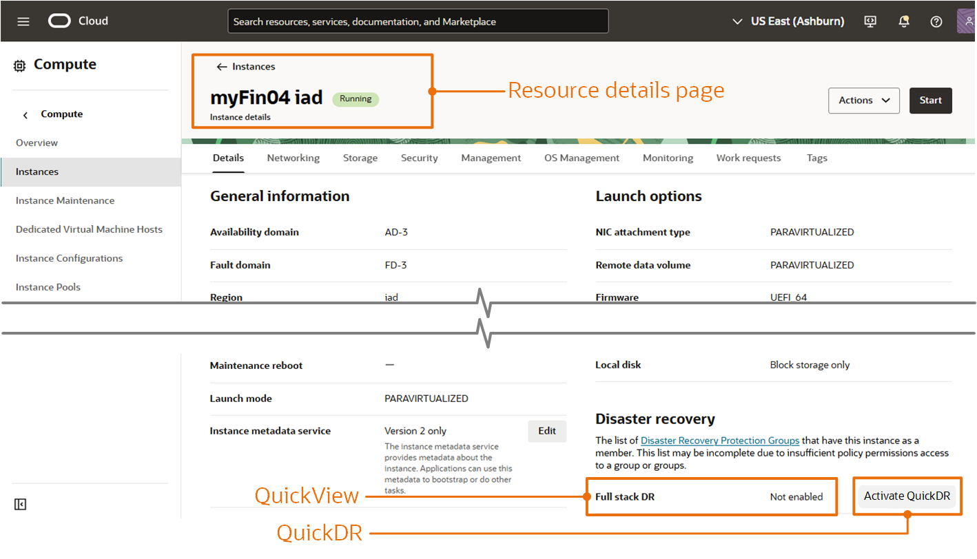 Figure 4: Both QuickView and QuickDR are visible in the resource detail pages for OCI Compute virtual machines.