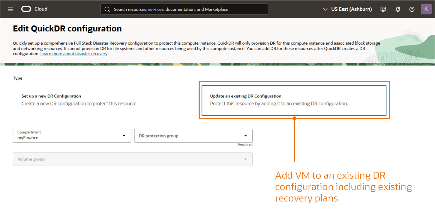 Figure 3: Use QuickDR in the compute resource page to add virtual machines to existing DR Protection Groups.