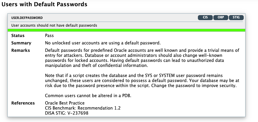 A screenshot of the results for users with default passwords in DSAT.