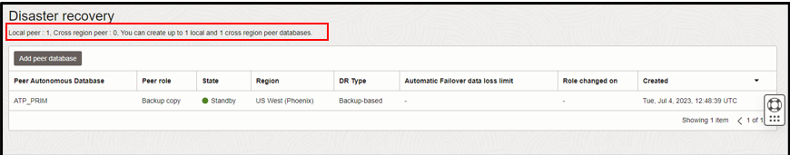 A screenshot of a peer autonomous database backup copy in standby.