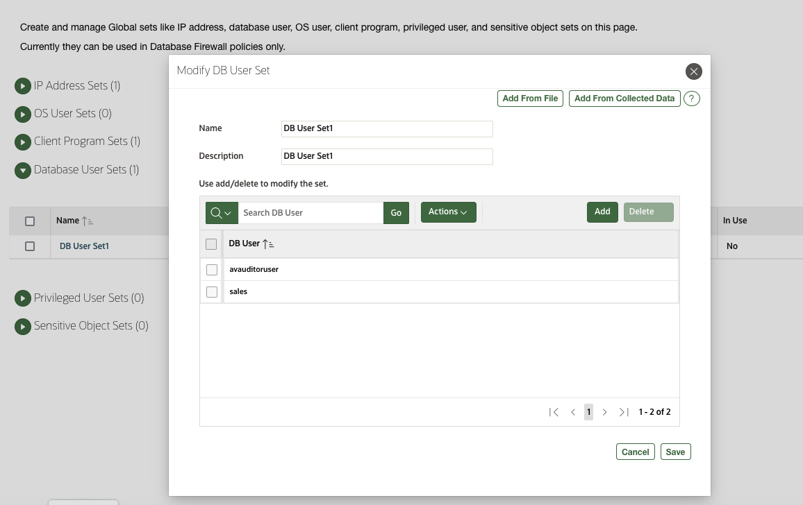 A screenshot of the Modify database user set window.