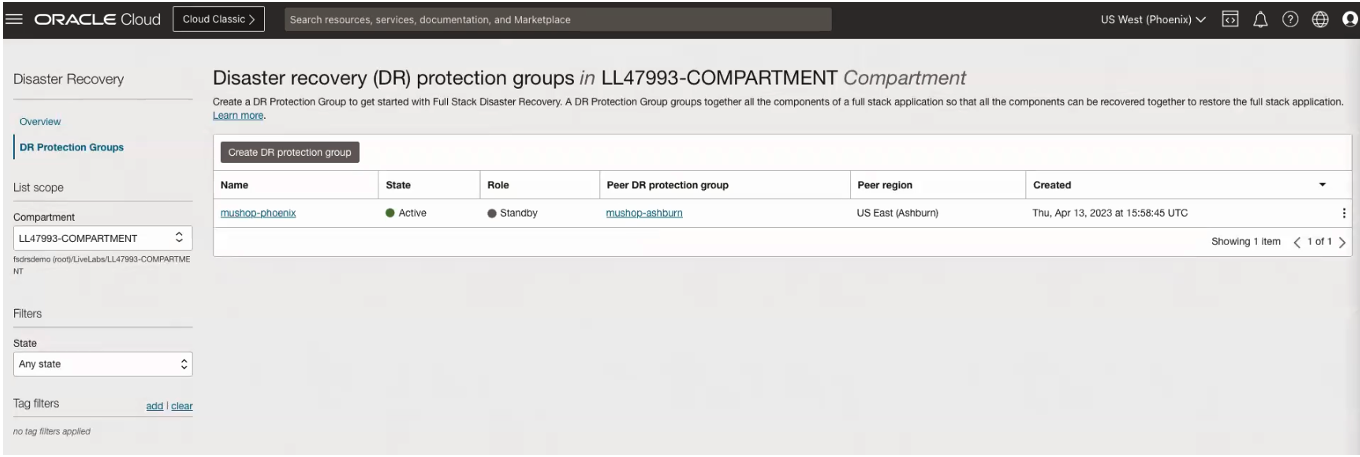 A screenshot of the disaster recovery protection group in the compartment in the secondary region.