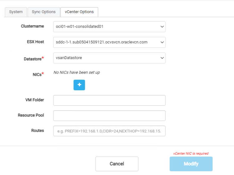 A screenshot of the vCenter Options tab with the details filled in and selected.