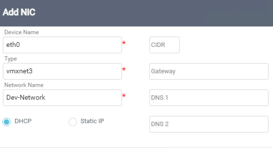 A screenshot of the Add NIC section with the fields filled in.