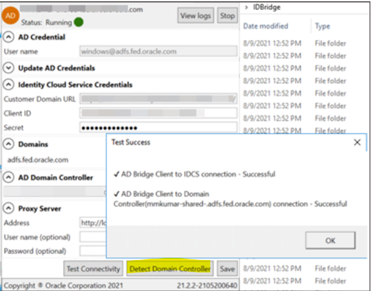 A screenshot of the AD bridge connector agent screen showing the Test Success window with the Detect Domain Controller button highlighted.