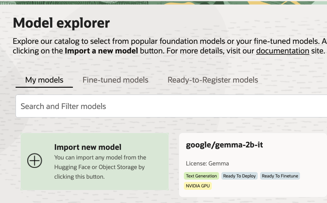 The model explorer showing the option to import a new model.