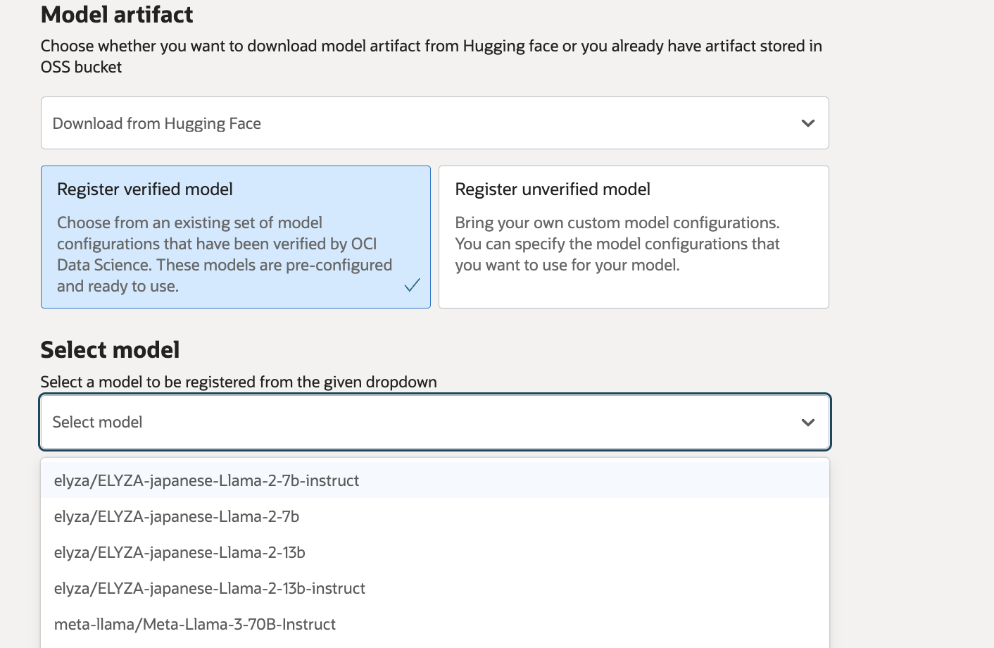 Options for verified models in the model artifact section.