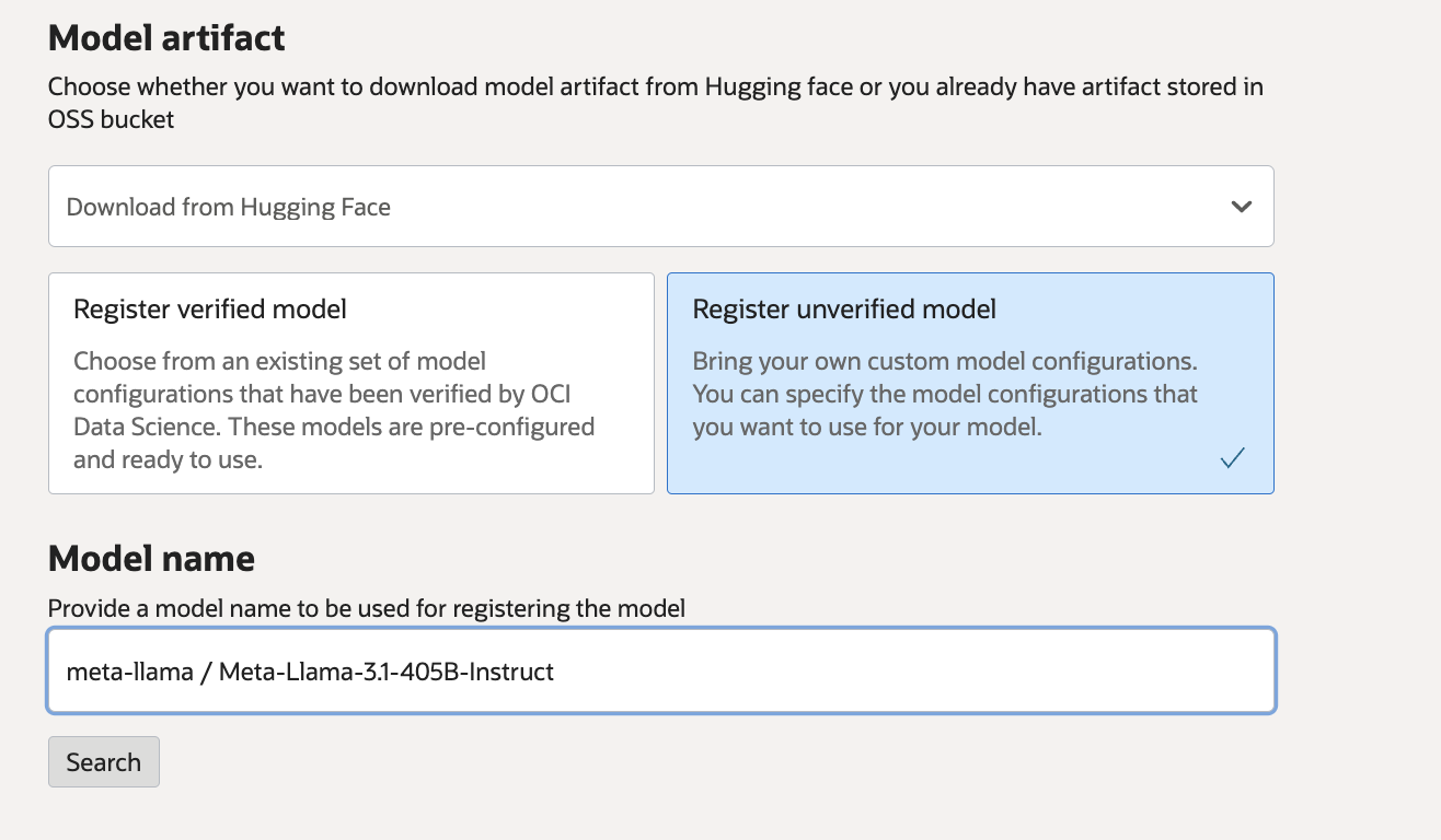 Registering an unverified model from Hugging Face.