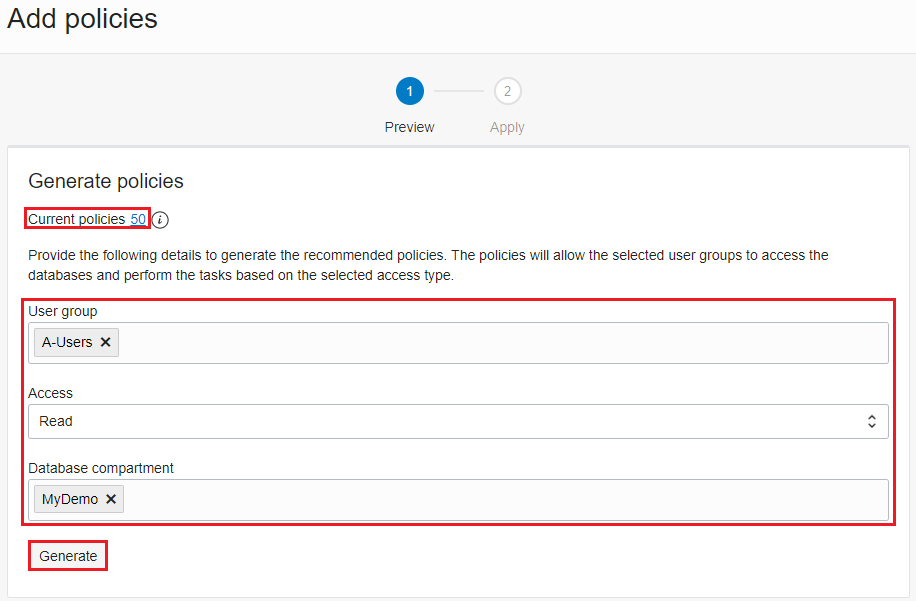 Options in the Preview section of the Add policies panel.