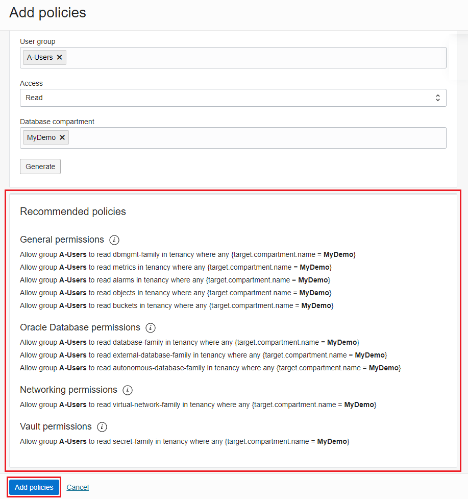 Recommended policies and the Add policies option in the Add policies panel.