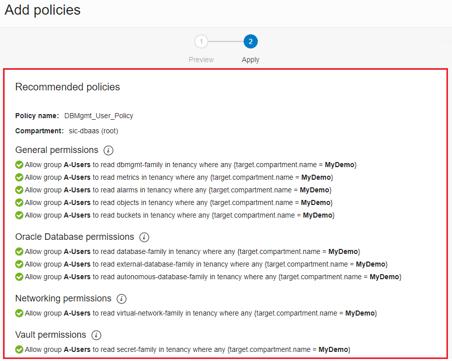 Status of the creation of the recommended policies.