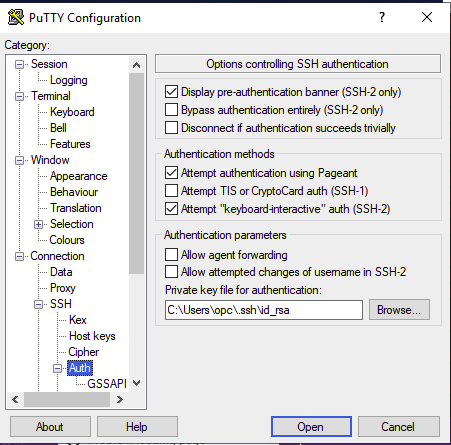 SSH Authentication Page Putty