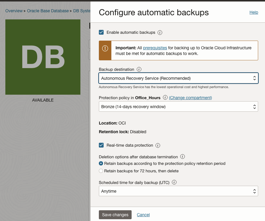 Screen showing automatic backup configuration options