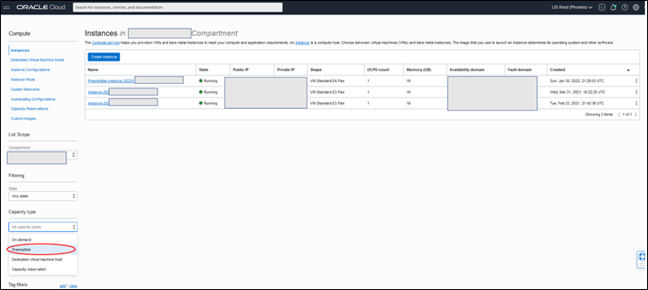 A screenshot of the updated Instances page with the Capacity type menu expanded with preemptive circled in red.