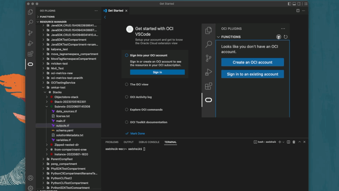 A gif showing the OCI CLI interactive mode in VS Code.