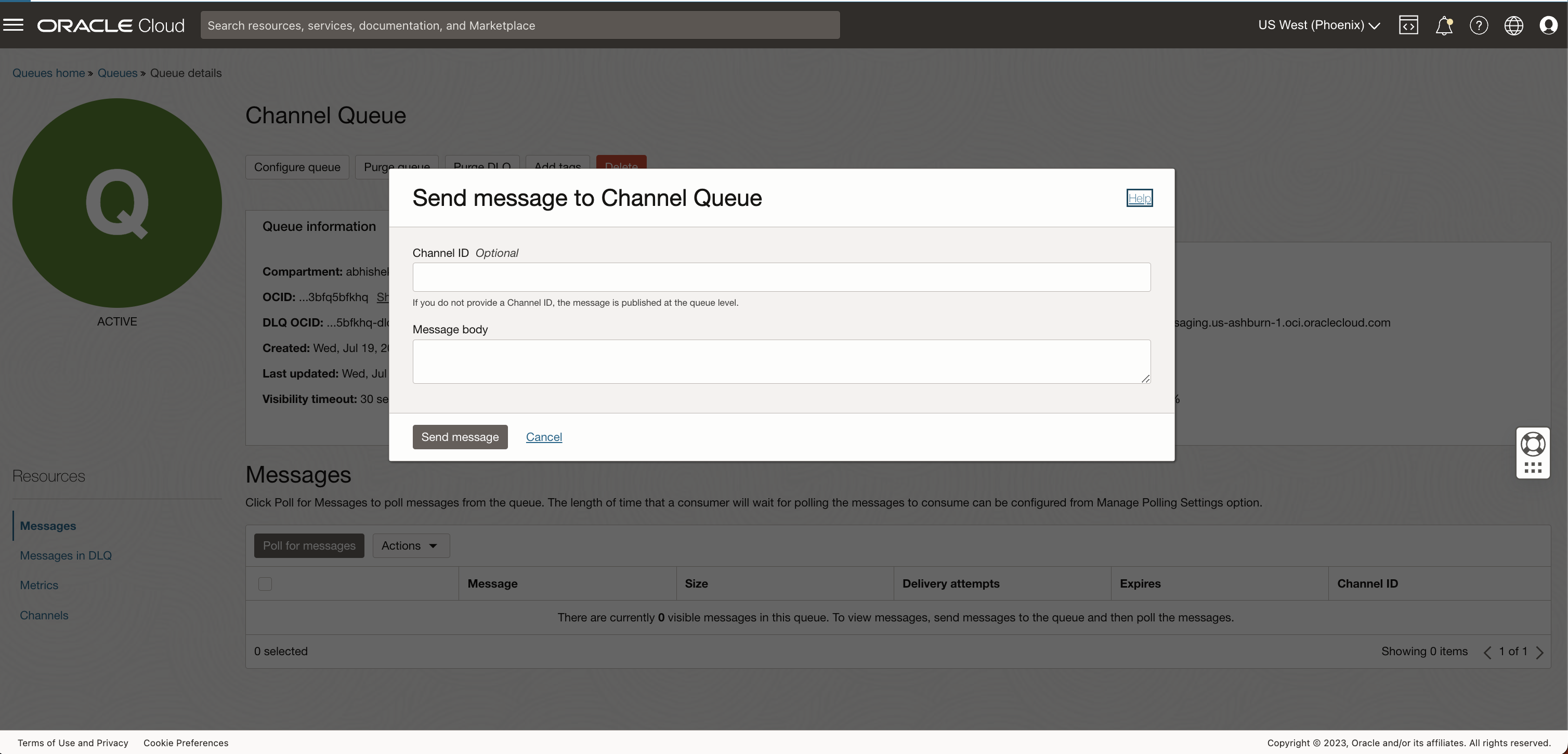 A screenshot of the Send message to Channel Queue window.
