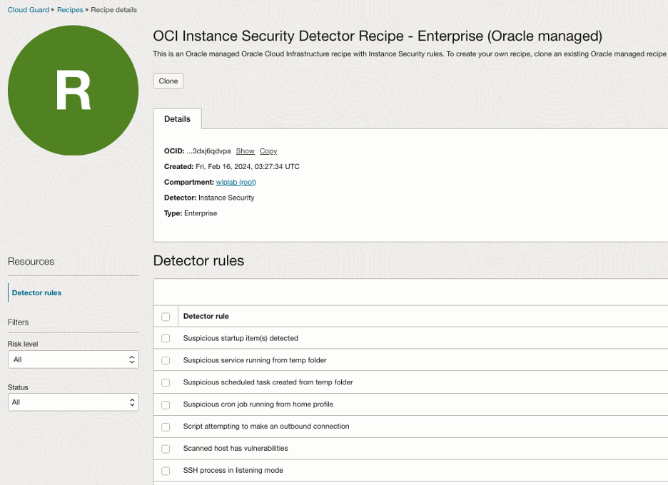 Cloud Guard Instance Security Detector Recipe Enterprise