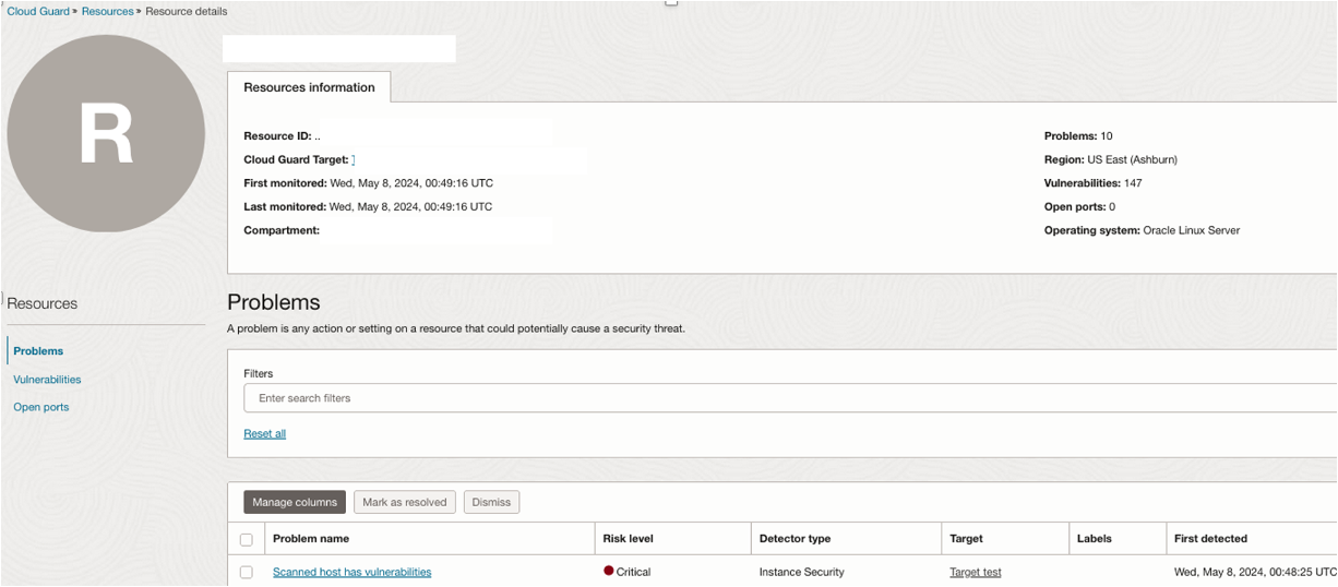 Cloud Guard Resource details screen