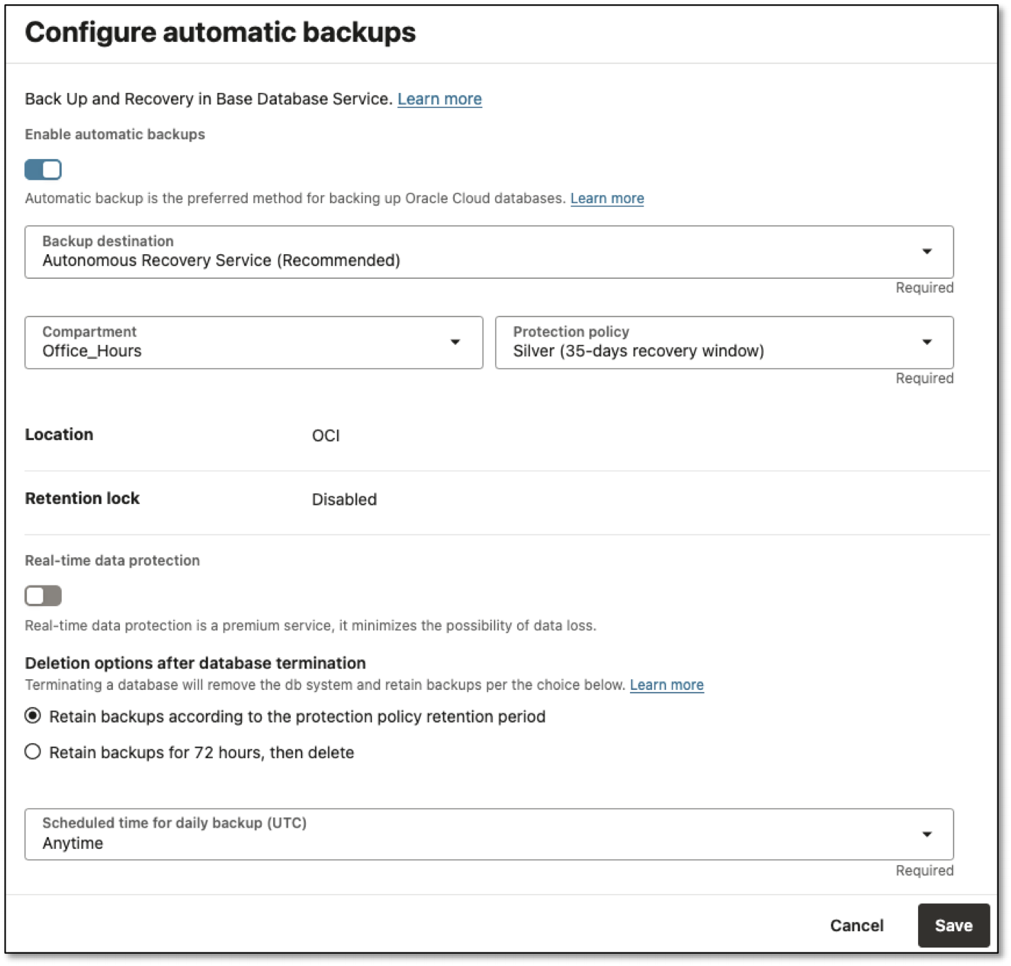 Automatic Backup configuration screen