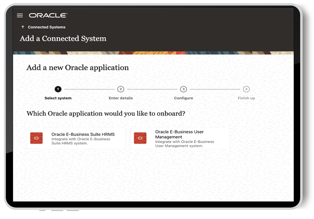 A screenshot of the Add a Connected System screen on the Add a new Oracle Application section.